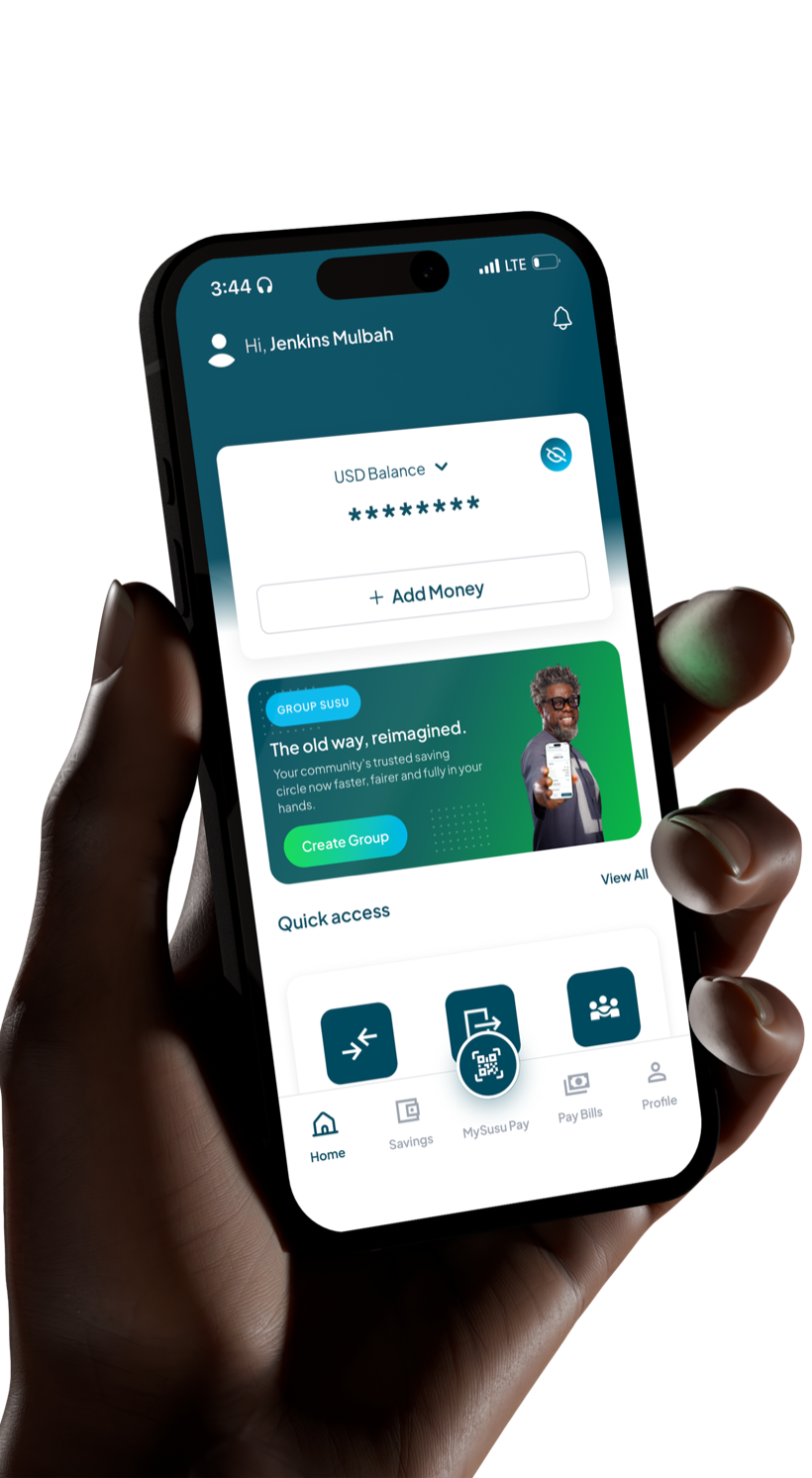 A hand holding a phone showing the MySusu app home screen with a USD balance, an Add Money button, a Group Susu card and Quick access shortcuts